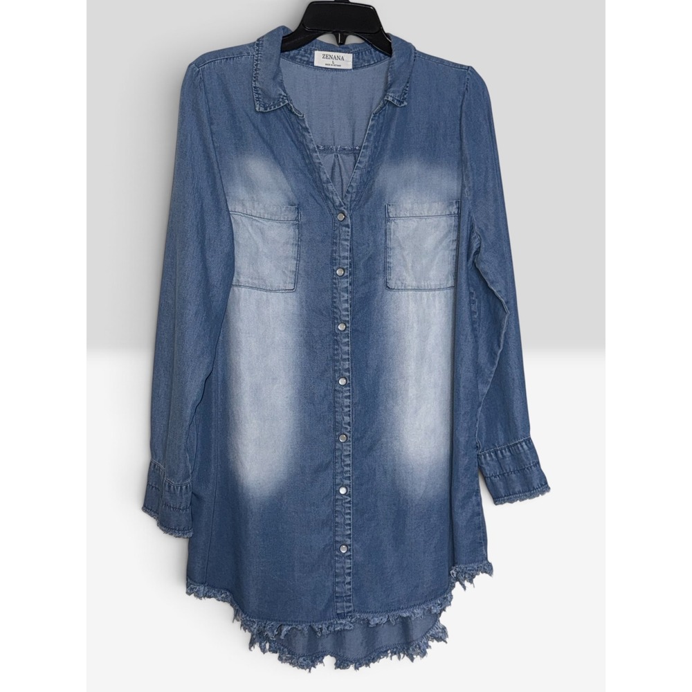Zenana Denim Lyocell Tunic Top Snap Front Frayed Hem Blue DT-1405AB Large